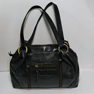 Nino Bossi Satchel Shoulder Bag Purse Black Leather Faux Croc Brass